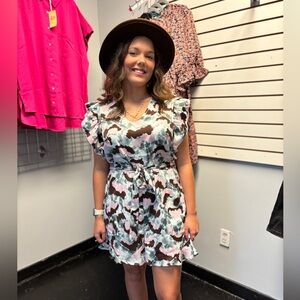 Stylish Abstract  Print ruffles Romper with belt and pockets